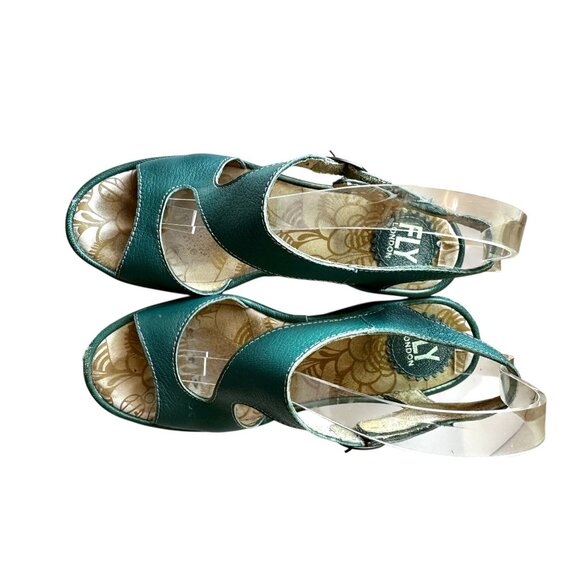 Fly London Green Leather Slingback Wedge Sandals Size 36 (US 5–5.5) - Picture 3 of 10